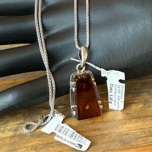 NWT Sterling Silver Amber Geometric Pendant Necklace 21” Popcorn Chain 8.2g